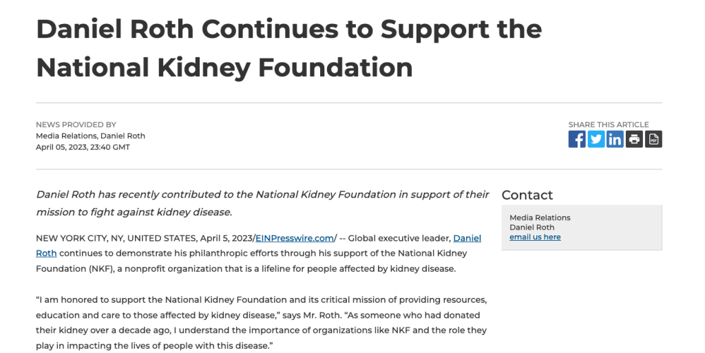 Daniel Roth Supports the National Kidney Foundation